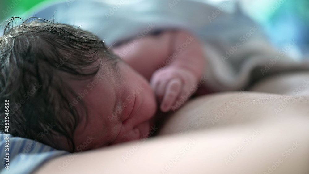 Crying newborn baby during first minutes of life trying to breastfeed, resting on mother's chest with skin to skin contact Crying newborn baby during first minutes of life trying to breastfeed, resting on mother's chest with skin to skin contact
