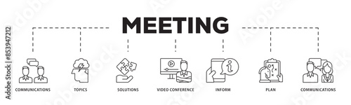 Meeting icon infographic illustration concept with icon of communications, topics, solutions, plan, inform and video conference  icon live stroke and easy to edit 