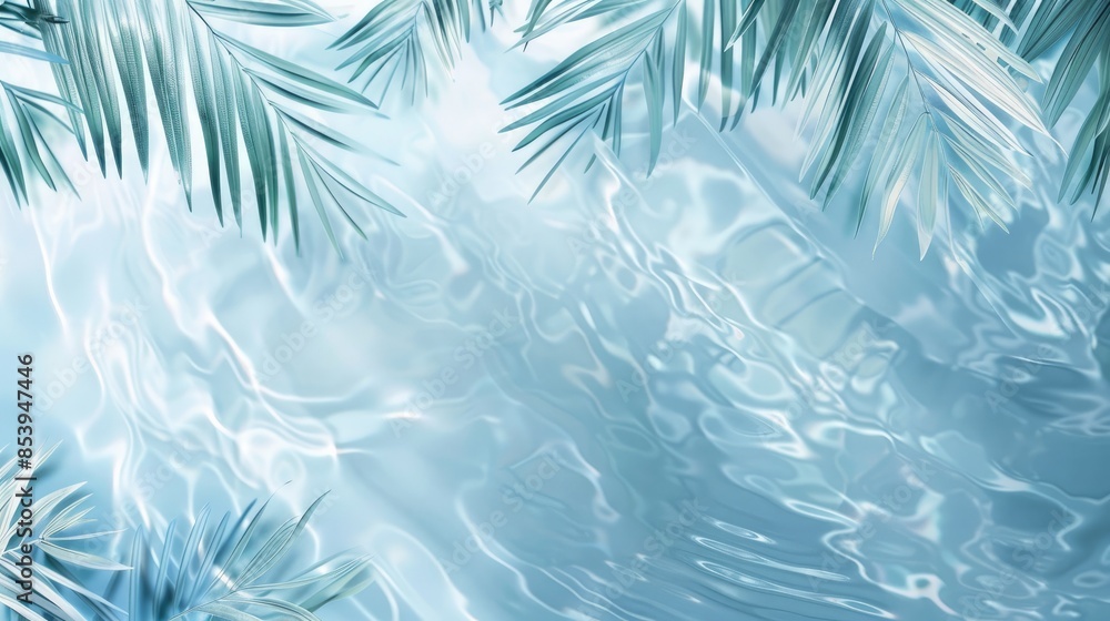 3D rendering of palm leaves shadow on the water surface in a swimming pool with a light blue background 3D rendering of palm leaves shadow on the water surface in a swimming pool with a light blue background