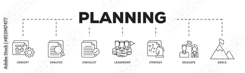 Planning icon infographic illustration concept with icon of concept, analysis, checklist, leadership, strategy, delegate and goals icon live stroke and easy to edit 
