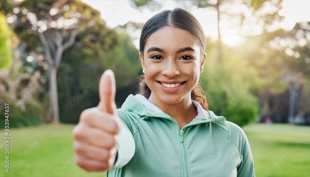 Portrait, happy woman or thumbs up for fitness, nature or healthy running workout exercise with smile Portrait, happy woman or thumbs up for fitness, nature or healthy running workout exercise with smile
