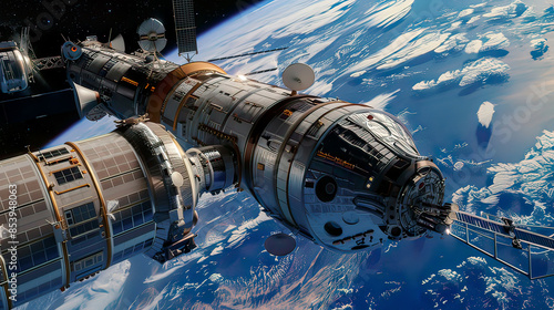 Fototapeta Naklejka Na Ścianę i Meble -  Photorealistic view: Cargo spacecraft docking with space station module.