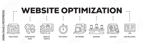 Website optimization icon infographic illustration concept with icon of page speed, conversion rate, website traffic, efficiency, keywords, ranking, caching  icon live stroke and easy to edit 