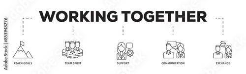 Working together icon infographic illustration concept with icon of collaboration, reach goals, team spirit, support, communication, and exchange icon live stroke and easy to edit 