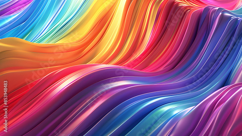 A vibrant 3D rendering of flowing, iridescent ribbons in a cascade of rainbow colors. The smooth, swirling lines create a sense of movement and energy, reminiscent of a cascading waterfall