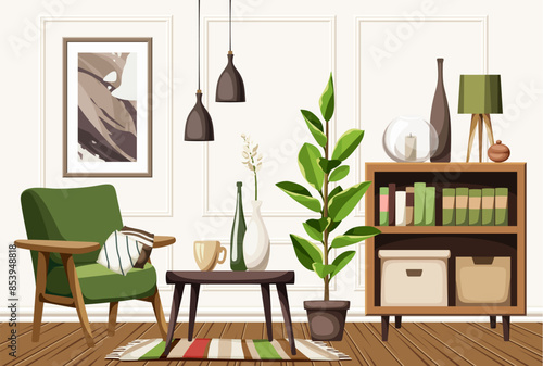 Living room interior with an armchair, a cabinet, a table, a painting, and a big ficus tree. Living room interior design with retro furniture in green and brown colors. Cartoon vector illustration