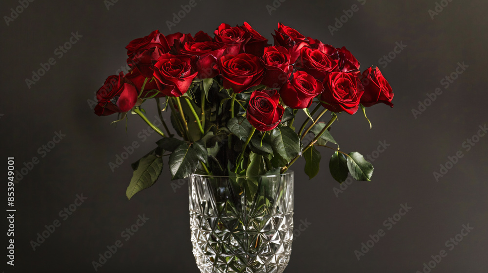 Fototapeta premium A bouquet of vibrant red roses arranged in a crystal vase against a dark background, showcasing beauty and elegance in floral arrangement.