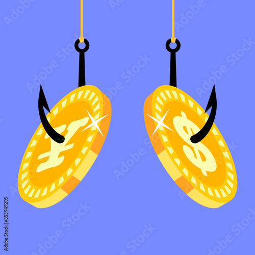 Golden coins with yen and dollar symbols caught on fishing hooks, concept of financial fraud, money scam, phishing, investment risk, online fraud, and currency manipulation on blue background