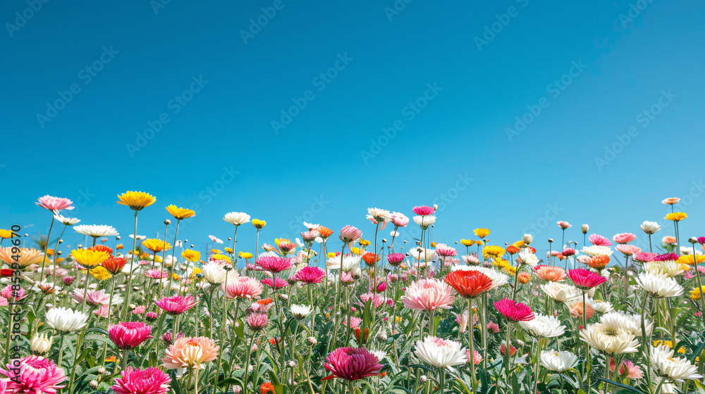 Beautiful colorful wildflowers blooming in a field under a clear blue sky, capturing the essence of spring and nature's beauty. Beautiful colorful wildflowers blooming in a field under a clear blue sky, capturing the essence of spring and nature's beauty.