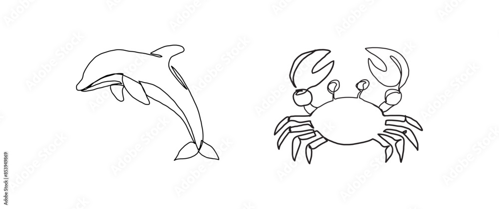 Dolphin and crab continuous one line drawing, single line art element, minimalist sketch line vector illustration, summer holiday concept