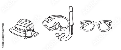 Hat, snorkel, sunglasses continuous one line drawing, single line art element, minimalist sketch line vector illustration, summer holiday concept