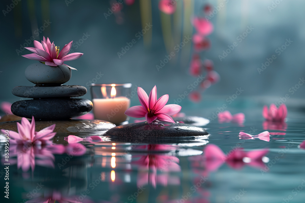 Serene Spa Scene with Lotus Flowers and Candle Serene Spa Scene with Lotus Flowers and Candle