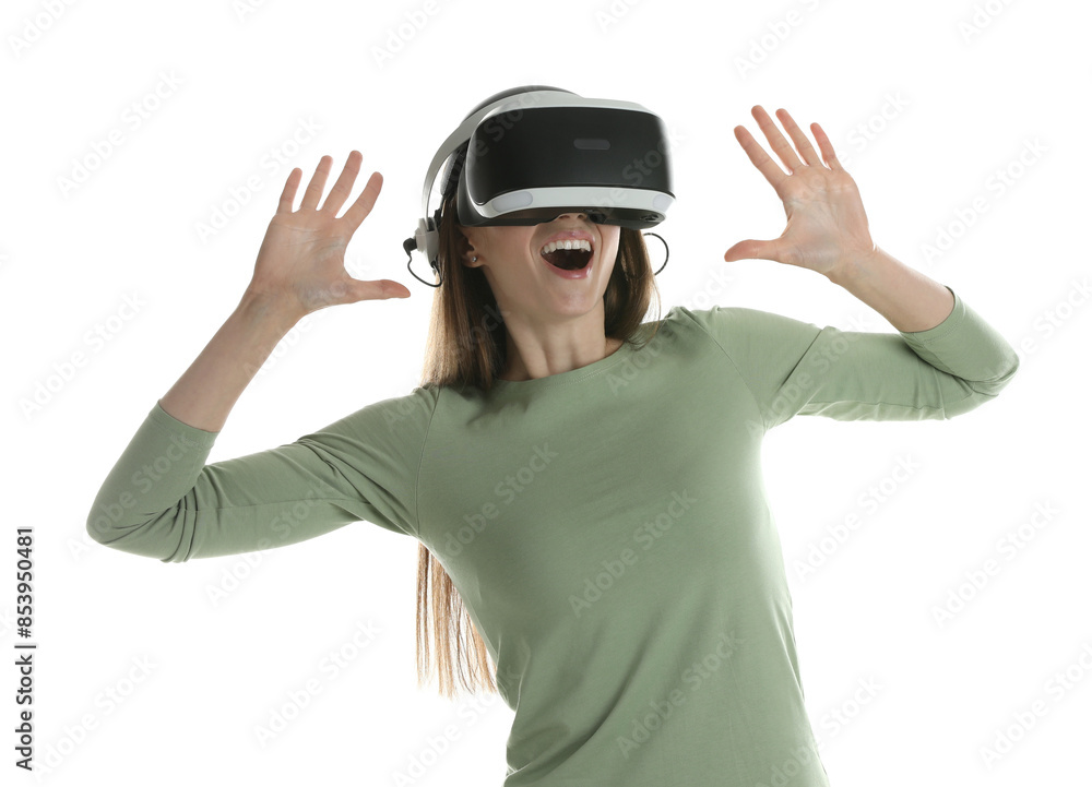 Surprised woman using virtual reality headset on white background Surprised woman using virtual reality headset on white background