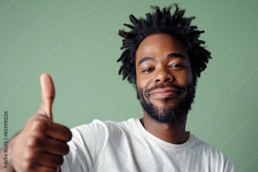 Portrait of a content man in his 30s showing a thumb up on pastel green background Portrait of a content man in his 30s showing a thumb up on pastel green background