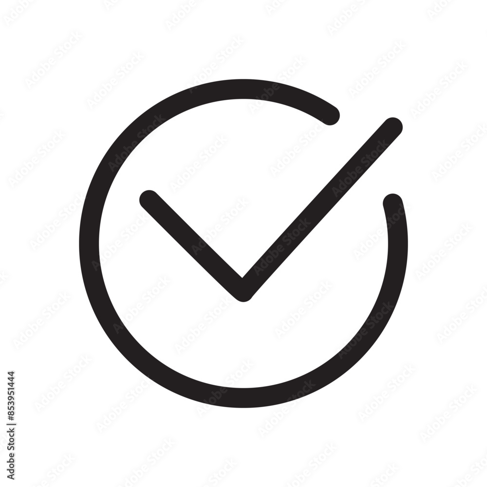 Check mark icon. Black tick vector. Circle approval sign. Simple validation symbol. Check mark icon. Black tick vector. Circle approval sign. Simple validation symbol.
