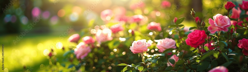 Obraz premium Sunlit pink rose bush background banner