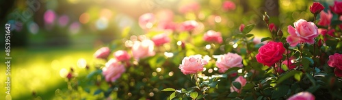Sunlit pink rose bush background banner