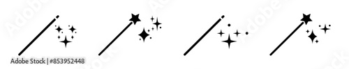Set of magic wand vector icons. Magician, wizard, spell icon. Shiny wand with stars. Vector 10 Eps.