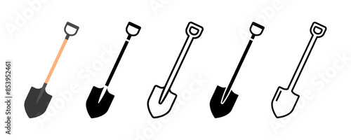 Set of shovel vector icons. Spade for dig. Farming tool. Garden instrument. Vector 10 Eps.