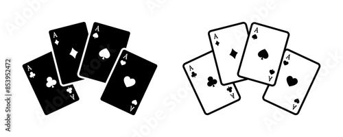 Set of playing card vector icons. Gambling game. Four card. Black outline icons. 