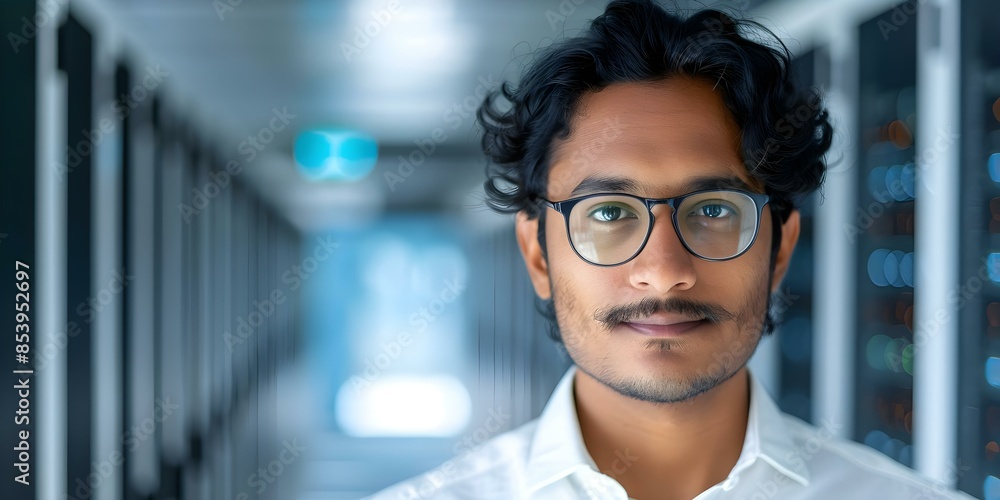 Fototapeta premium Closeup photo of South Asian IT specialist in server room skilled in technology. Concept Technology, IT Specialist, South Asian, Server Room, Close-up Portrait