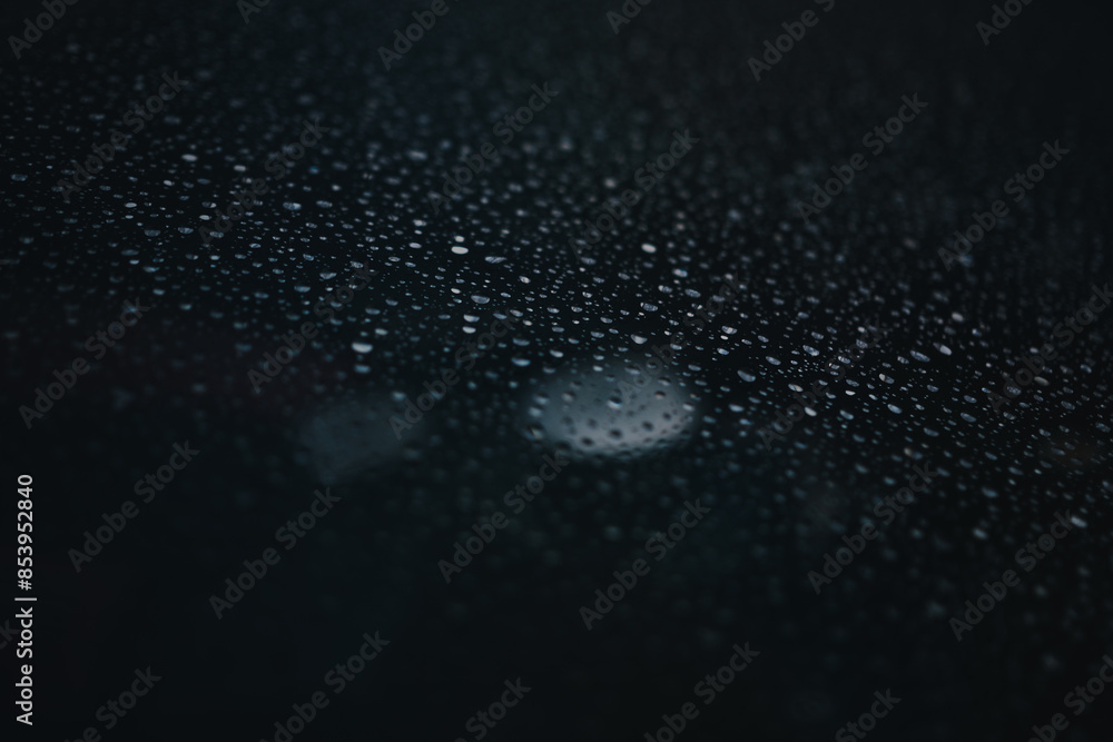 Raindrops forming on the engine hood of a car with a logo depicting a prancing horse