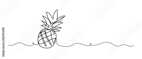 Pineapple fruit continuous one line drawing, single line art element, minimalist sketch line vector illustration, summer travel holiday concept