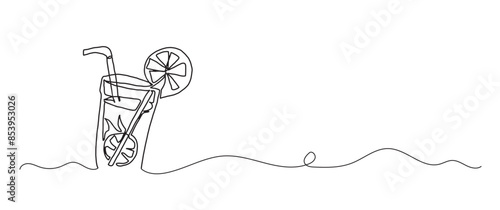Lemonade fruit drink continuous one line drawing, single line art element, minimalist sketch line vector illustration, summer travel holiday concept