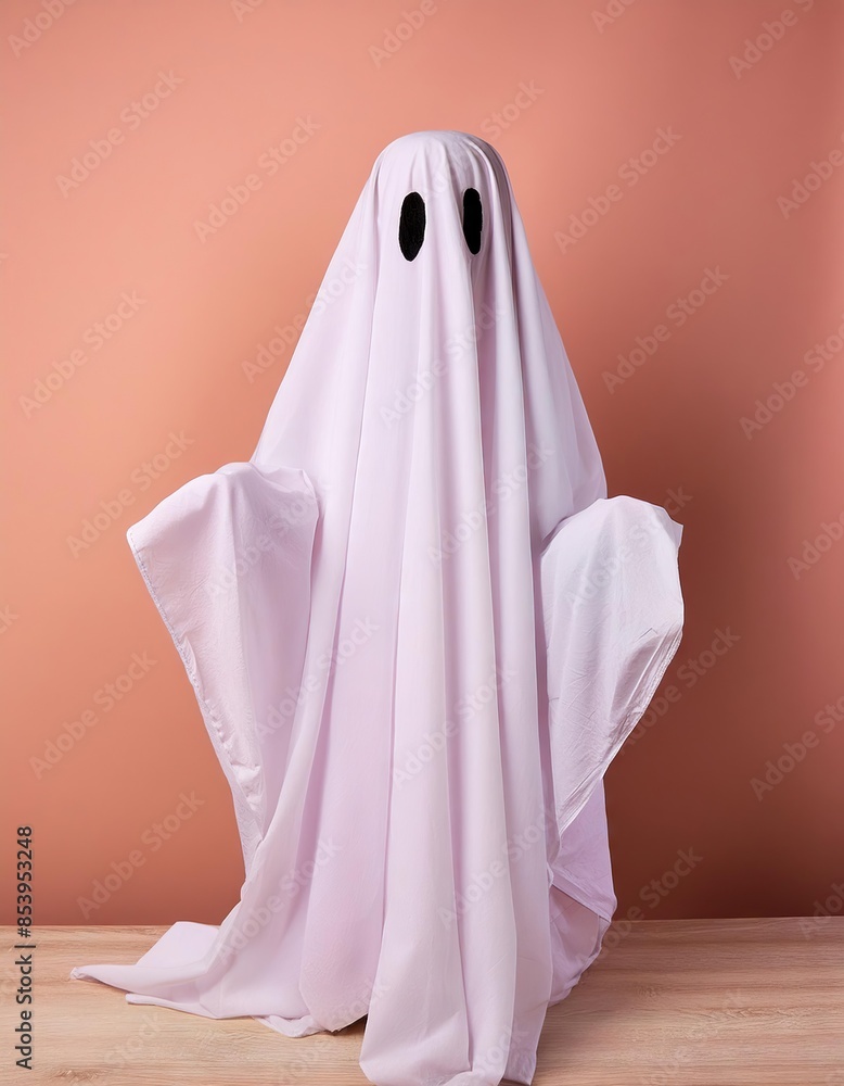 White ghost on pastel background. Minimal Halloween scary concept White ghost on pastel background. Minimal Halloween scary concept
