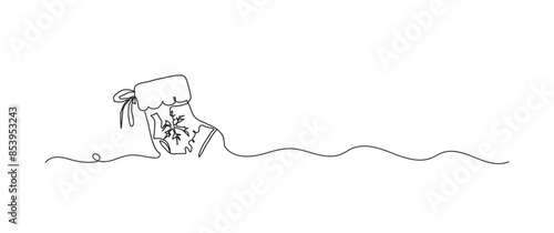 Santa sock continuous one line drawing, single line art element, minimalist sketch line vector illustration, christmas winter new year concept