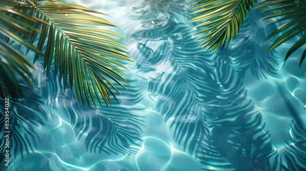 3D rendering of palm leaves shadow on the water surface in a swimming pool with a light blue background 3D rendering of palm leaves shadow on the water surface in a swimming pool with a light blue background