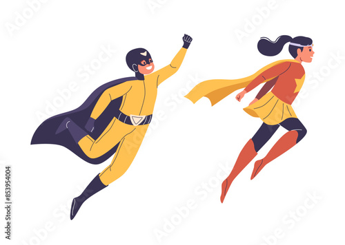 Two Children Dressed As Superheroes Flying In The Sky. Both Characters Exude A Sense Of Adventure And Empowerment