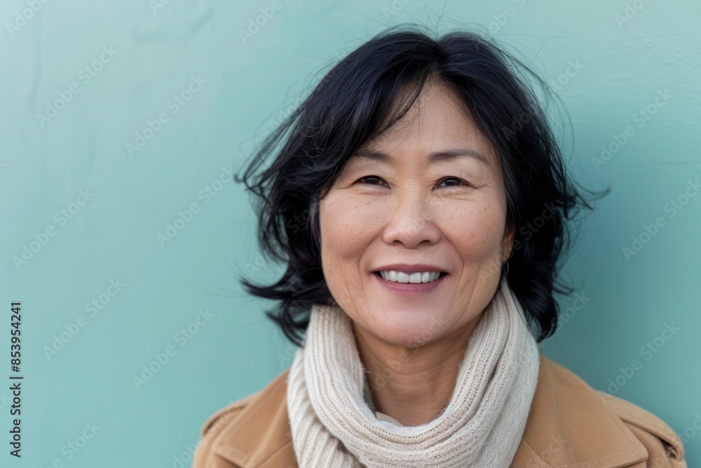 Portrait of a satisfied asian woman in her 50s smiling at the camera on pastel green background Portrait of a satisfied asian woman in her 50s smiling at the camera on pastel green background