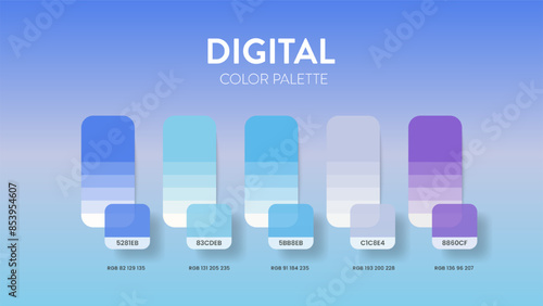 Color palette guide in Digital colour theme collection. Color inspiration or chart with codes template. Color combination RGB. Colors swatches for graphic design, web, art, fashion or painting. Vector