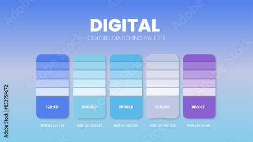 Color palette guide in Digital colour theme collection. Color inspiration or chart with codes template. Color combination RGB. Colors swatches for graphic design, web, art, fashion or painting. Vector