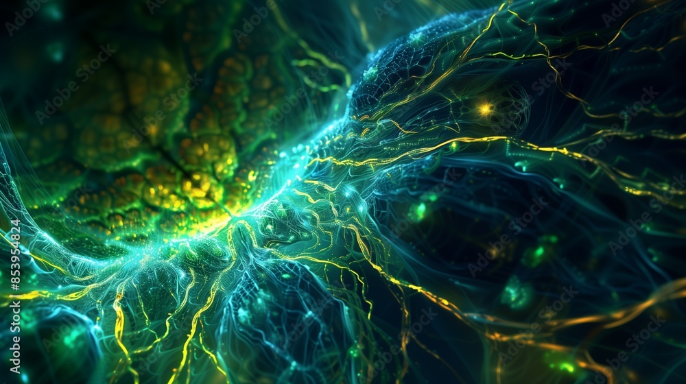 A closeup of an organic cell structure, with glowing green and yellow veins on a dark background. A closeup of an organic cell structure, with glowing green and yellow veins on a dark background.