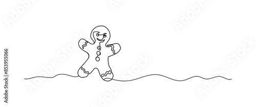 Gingerbread man cookie continuous one line drawing, single line art element, minimalist sketch line vector illustration, christmas winter new year concept