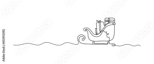 Santa sleigh continuous one line drawing, single line art element, minimalist sketch line vector illustration, christmas winter new year concept