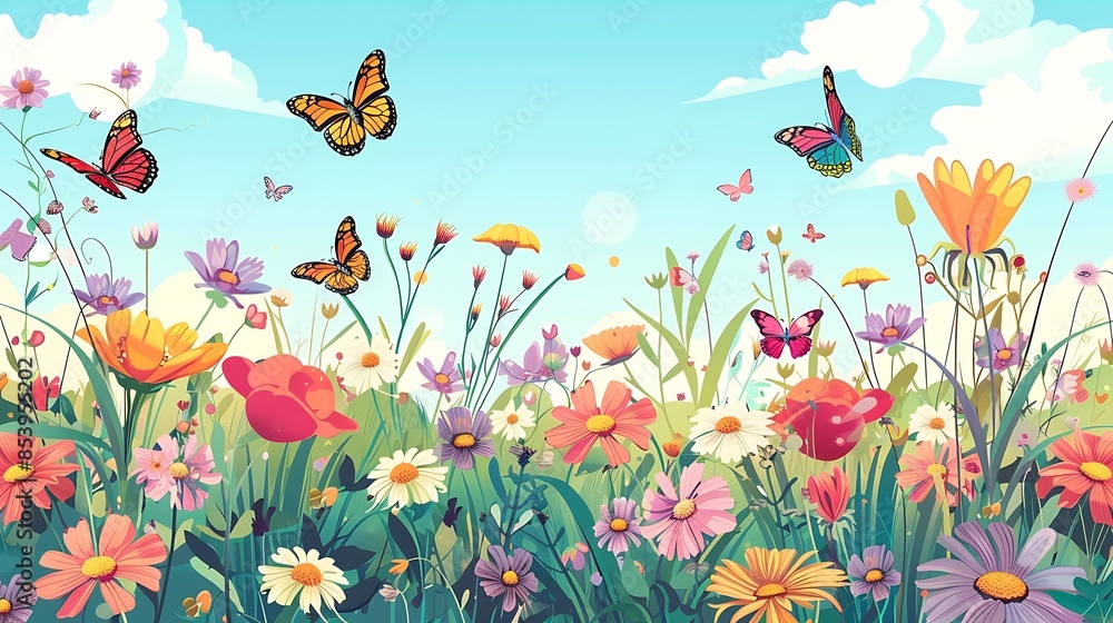 Colorful Butterflies Over a Field of Flowers Colorful Butterflies Over a Field of Flowers