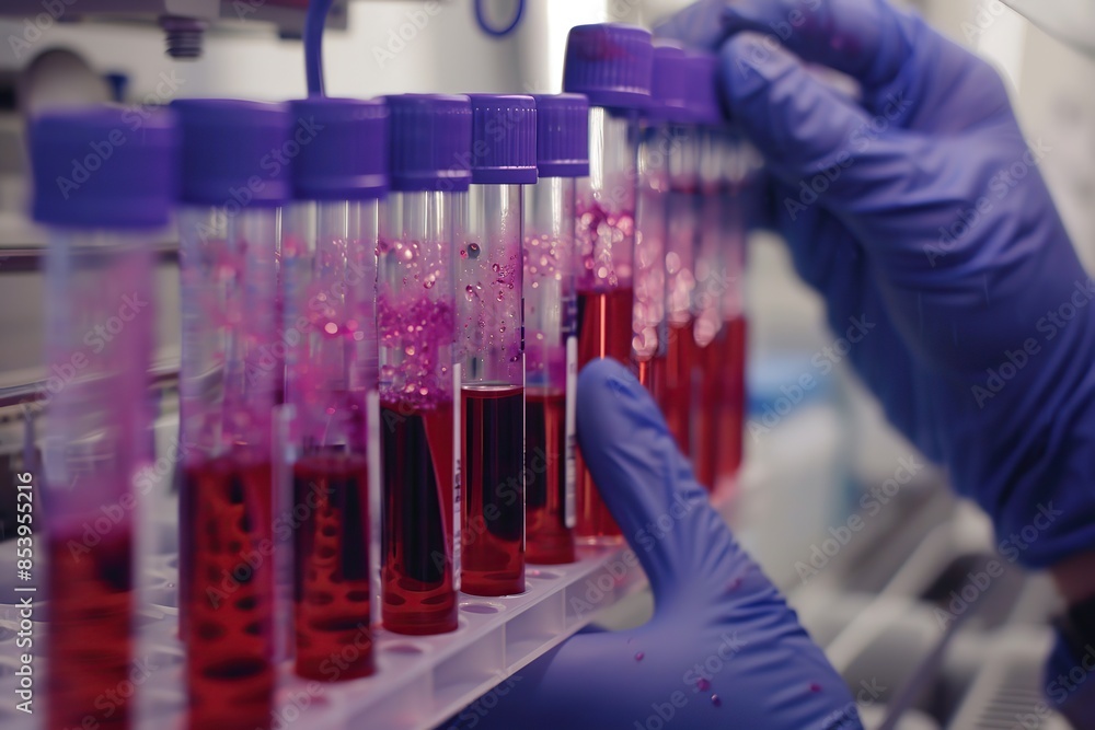 Science, test tube with red liquid in blue gloved hands. Laboratory for research, medical study and experiment. Healthcare, pharmaceutical. Vial, medicine, vaccine in clinic. Analyzing blood sample. Science, test tube with red liquid in blue gloved hands. Laboratory for research, medical study and experiment. Healthcare, pharmaceutical. Vial, medicine, vaccine in clinic. Analyzing blood sample.