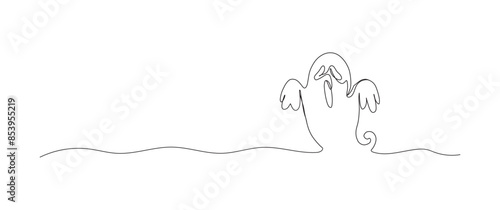 Ghost continuous one line drawing, single line art element, minimalist sketch line vector illustration, halloween spooky concept