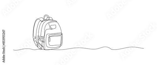 Student backpack continuous one line drawing, single line art element, minimalist sketch line vector illustration, back to school concept