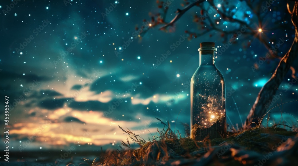 Obraz premium A Bottle Filled with Stars in a Mystical Night