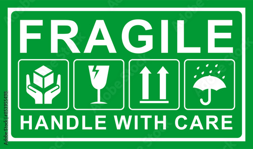 Green fragile package icons set, handle with care logistics and delivery shipping labels. Fragile box. Just Print and Use, Vector