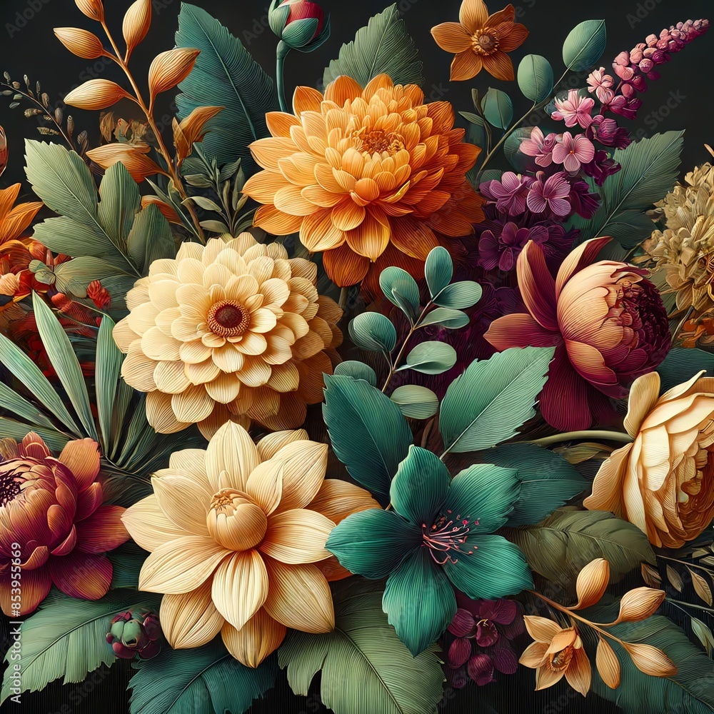 Fototapeta premium A digital artwork of a floral arrangement with various flowers and leaves