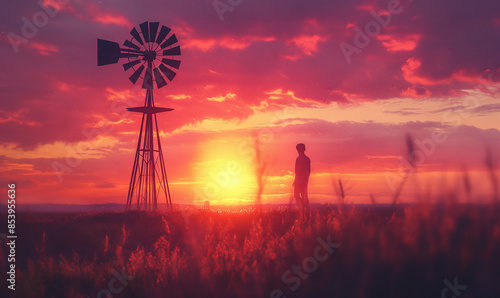 Wind energy.Environmentally friendly installation of a power plant and wind turbine farm.Solar battery farm against the backdrop of forest and mountains.Concept of ecology and development.
