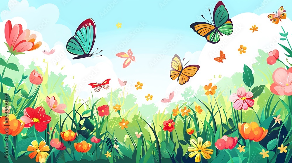Springtime Meadow with Colorful Butterflies Springtime Meadow with Colorful Butterflies