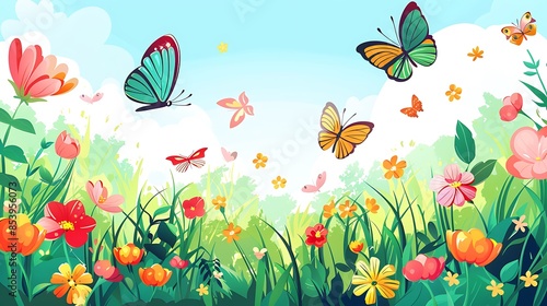 Springtime Meadow with Colorful Butterflies
