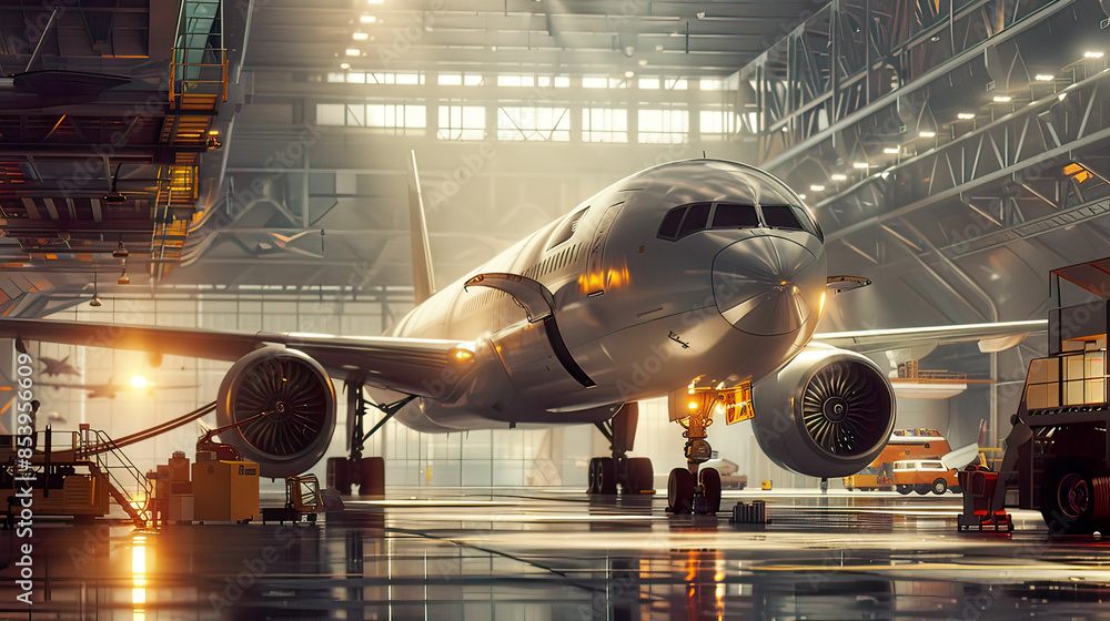 Photorealistic view of a passenger aircraft in an airport hangar engine and fuselage maintenance in progress intricate details Photorealistic view of a passenger aircraft in an airport hangar engine and fuselage maintenance in progress intricate details