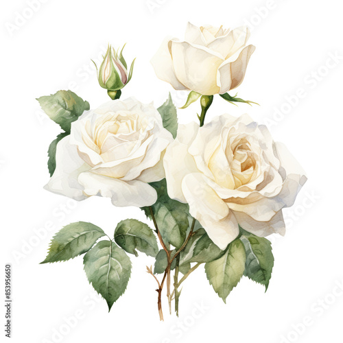 Fototapeta Naklejka Na Ścianę i Meble -  bouquet of white roses watercolor isolated on transparent background cutout